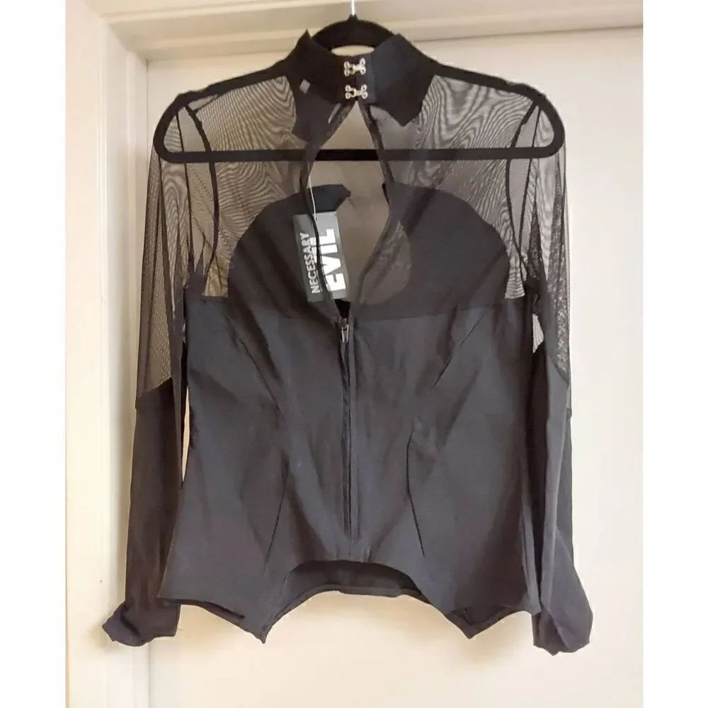NWT~Necessary Evil Black Sheer Design Zip up Long Sleeve Top Sz XL